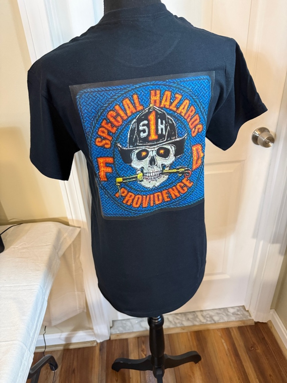 Gildan Black Short Sleeve Tee with Colorful Skull Firefighter Patch